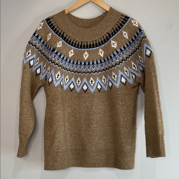 Rickis Fair Isle Pattern Mock Neck Sweater Camel Tan Blue Wool Blend Size L - Picture 2 of 11